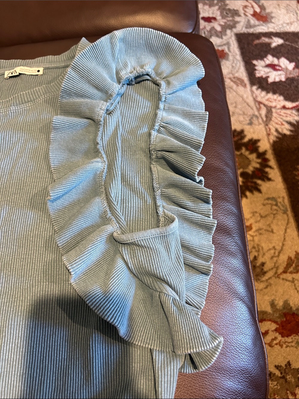 Zara Light Blue Ribbed Ruffle Sleeve Tee - Picture 3 of 6